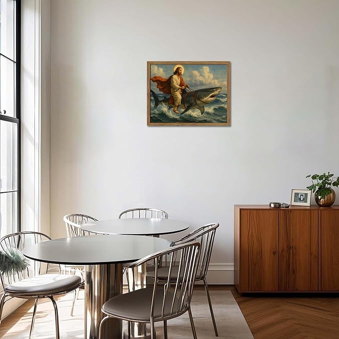 Framed Jesus Riding a Shark Wall Art, Humorous Christian Canvas Print, Fun - Image 8