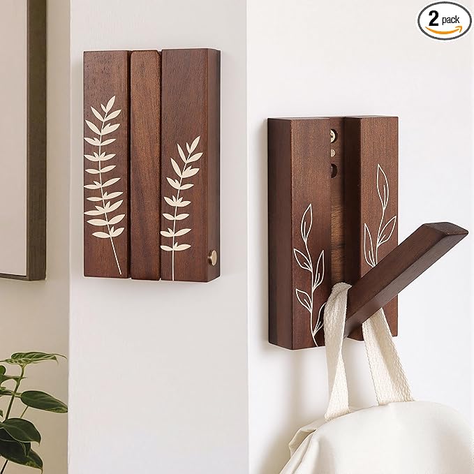 Rustic Folding Wall Hooks: Decorative Wooden Coat Hooks 2Pack Mounted by KYIAANY