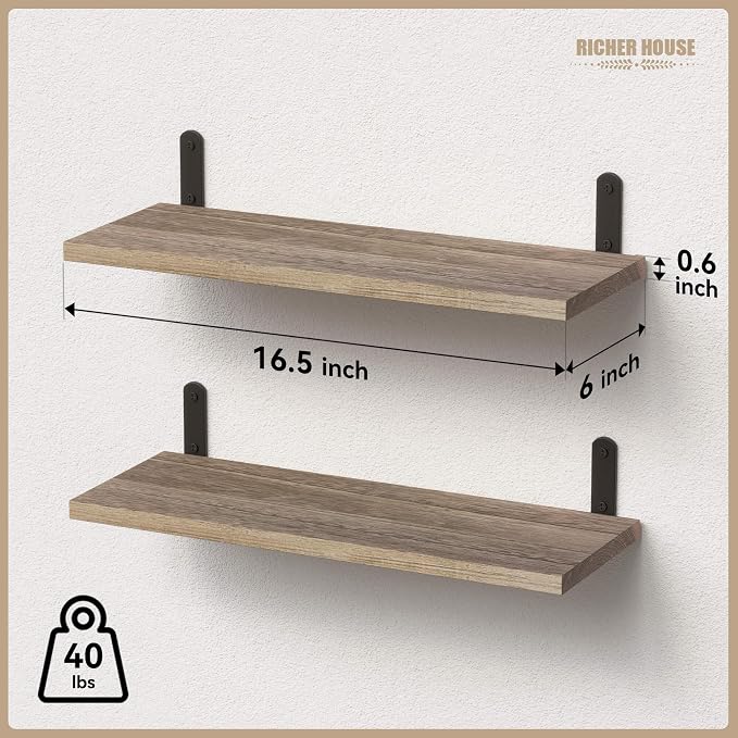 RICHER HOUSE Rustic Wood Shelves Set of 2, Farmhouse Style Floating Shelf - Image 3
