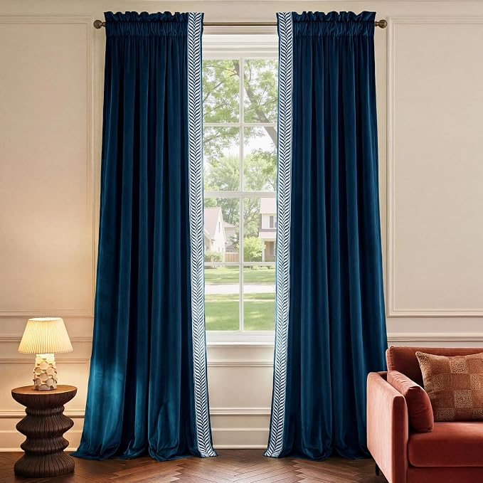 NICETOWN Rod Pocket Embroidered Trim Velvet Curtains, 2 Panels, Elegant Window by NICETOWN