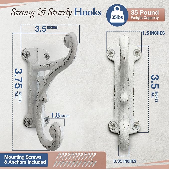 Rustic Cast Iron Coat Hooks Antique White, Wall Mounted, Farmhouse Decorative - Image 3