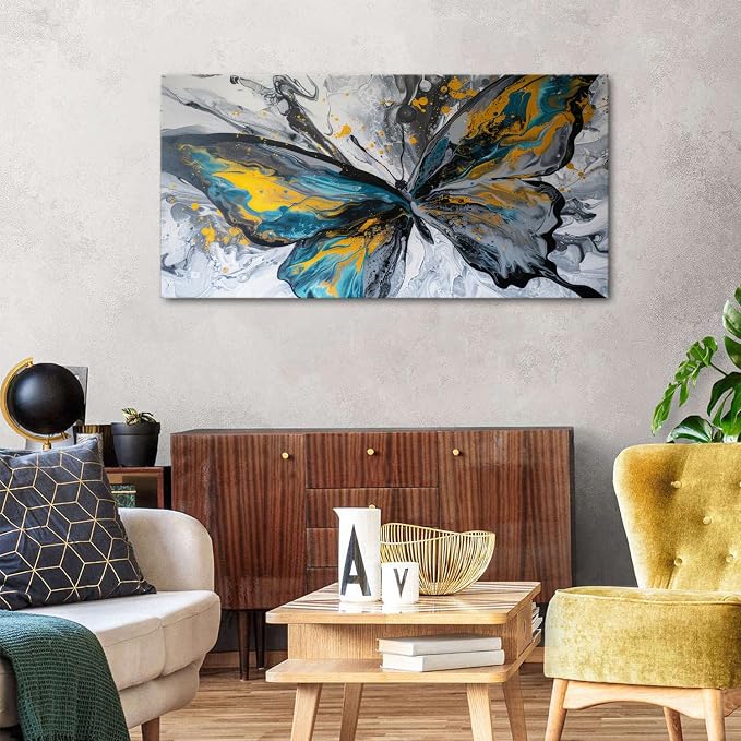Abstract Butterfly Wall Art Teal Grey Yellow Butterfly Wall Decor Modern Marble - Image 4