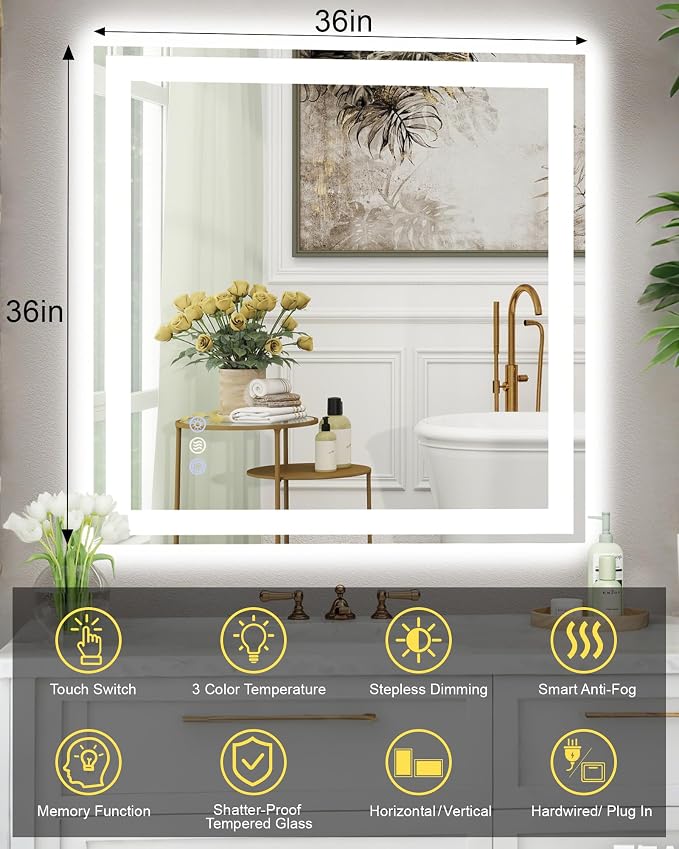 36x36 LED Bathroom Mirror with Lights, Super Bright Front & Backlit Vanity - Image 6