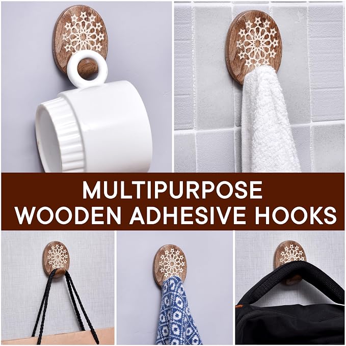 Indian Shelf 6 Lb- 3 Pieces Decorative Wood Adhesive Wall Hooks–Boho Peel and - Image 5