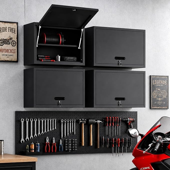 Garage Wall Cabinet with Flip-Up Door and Shelf, Lockable Metal Storage Cabinet - Image 2