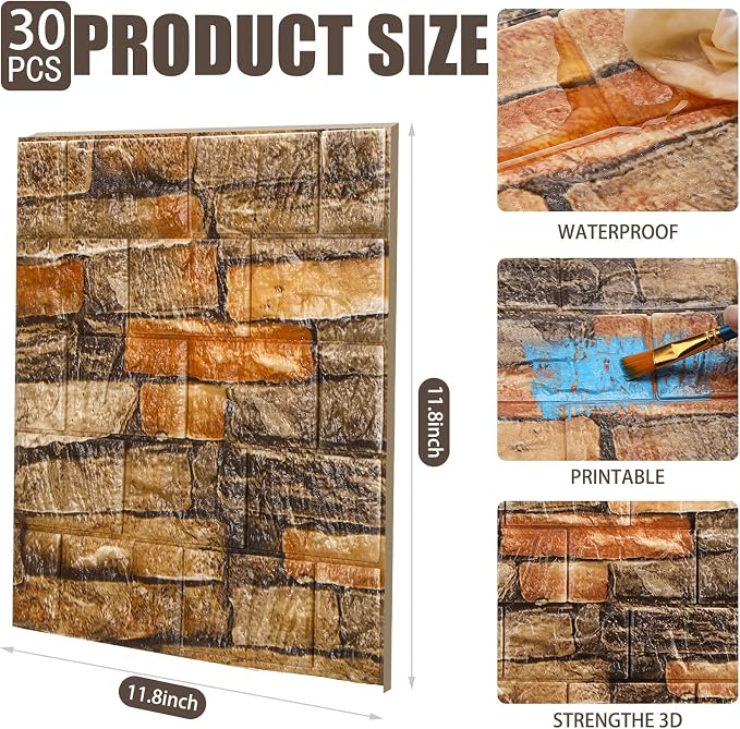 Tinlade 30 Pcs 28.81 Sq ft 3D Wall Panels Peel and Stick Foam Brick Wallpaper - Image 2