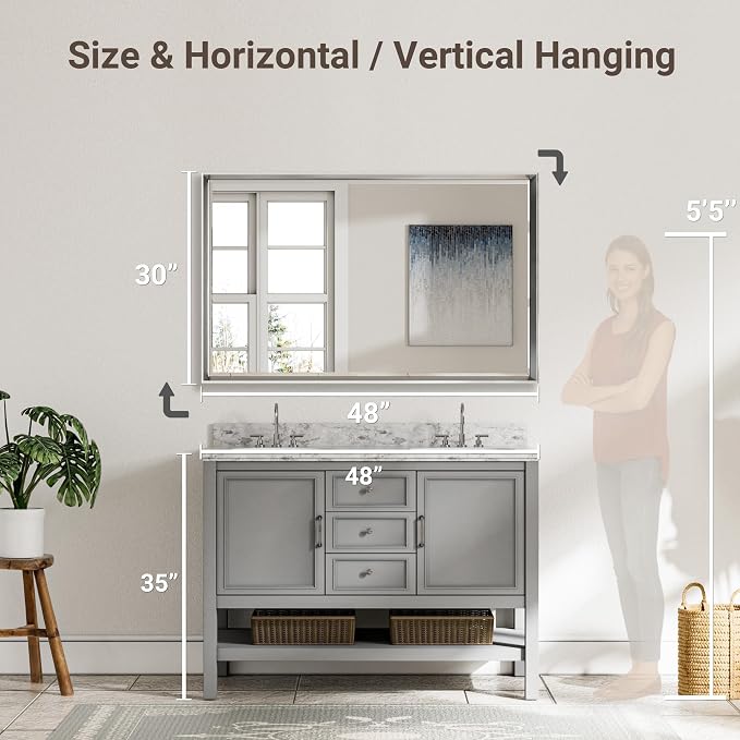 48 x 30 Beveled Bathroom Mirror, Shatterproof Rectangle Mirror, Metal Framed - Image 2