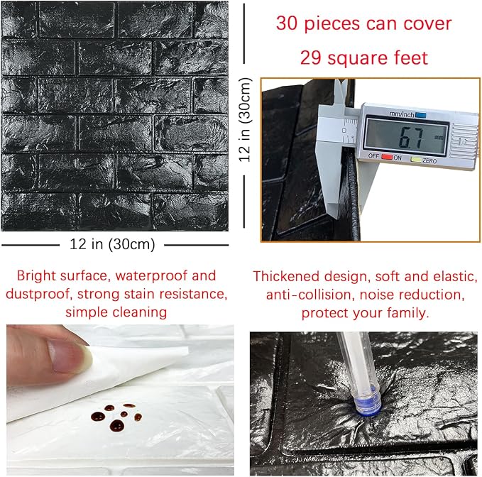 30PCS 3D Wall Panels Peel and Stick Faux Brick Wallpaper Black Self Adhesive - Image 5