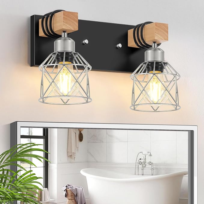 FadimiKoo Farmhouse Bathroom Light Fixtures, Rustic 2-Light Wood Vanity Lights by FadimiKoo