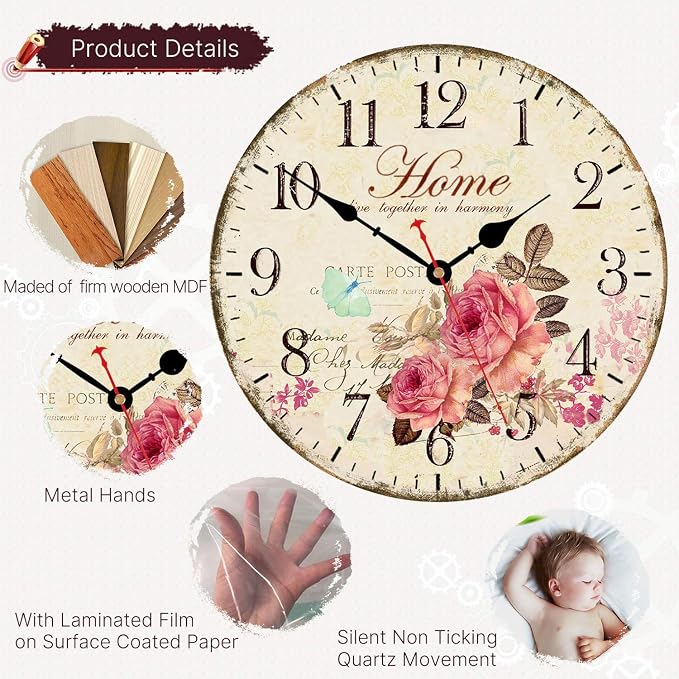 VIKMARI 14 Inch Wooden Wall Clock Art Hanging Clocks Silent Non-Ticking Wall - Image 2
