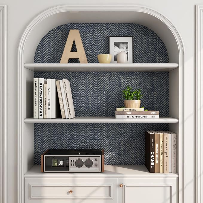 FunStick 24"x200" Dark Blue and Gold Grasscloth Peel and Stick Wallpaper - Image 6