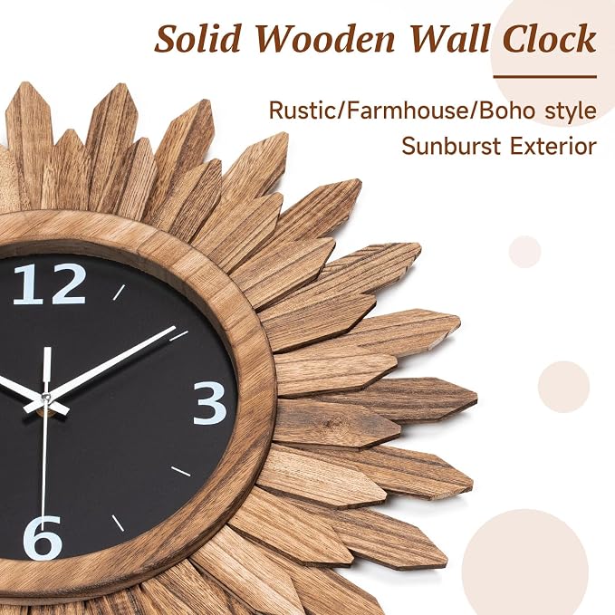 Honiway 16 Inch Wall Clocks, Rustic Wood Boho Sunburst Decorative Wall Clock - Image 7