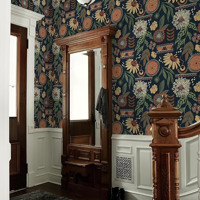 Simon&Siff Boho Peel and Stick Wallpaper, 17.3" x 800" Blue Sun Floral Retro - Image 7