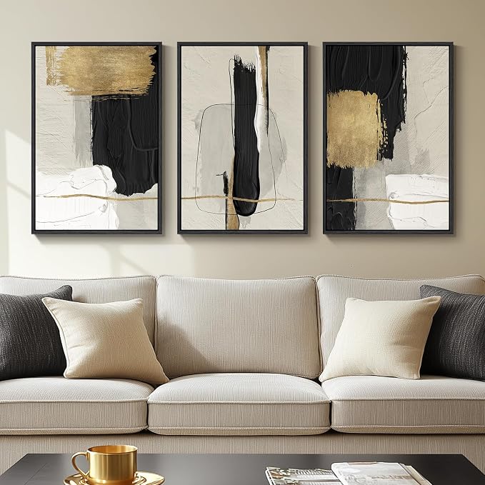 Framed Black and White Abstract Wall Art, 3 Piece Canvas Prints Paintings by Cuspin