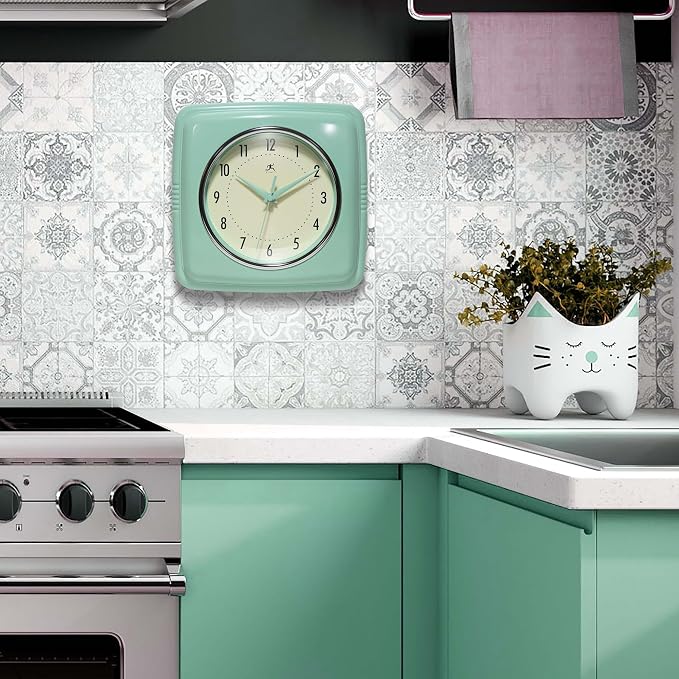 Infinity Instruments Square Retro Wall Clock, Pastel Green - Image 4