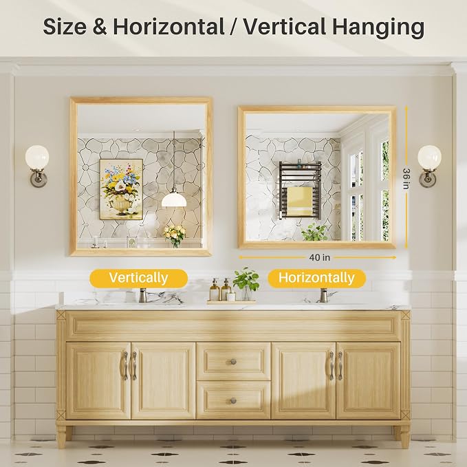 40x36 Inch Bathroom Mirror for Wall, Anti-Rust Oak Wood Grain Metal Framed - Image 5