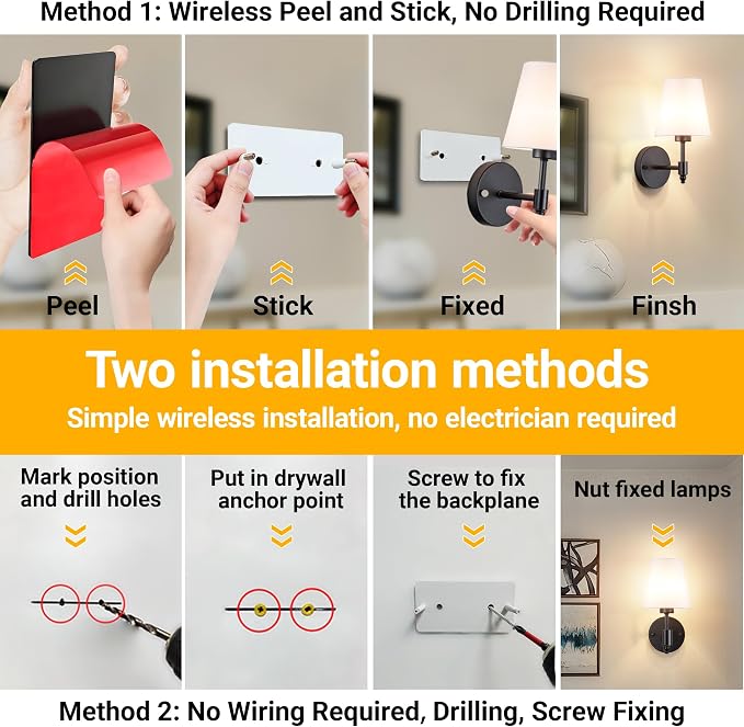 Vimhou Peel and Stick Wall Sconces, Stick On Wall Sconce Set of 2, Battery - Image 3