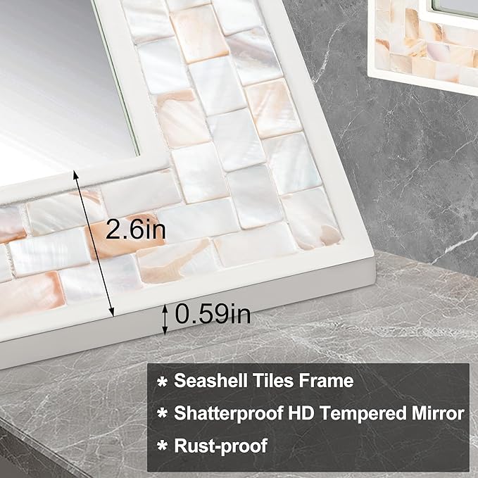 Tanmicoshomy 24 x 47 Inch White Rectangle Wall Mirror, Natual Shell Framed - Image 4