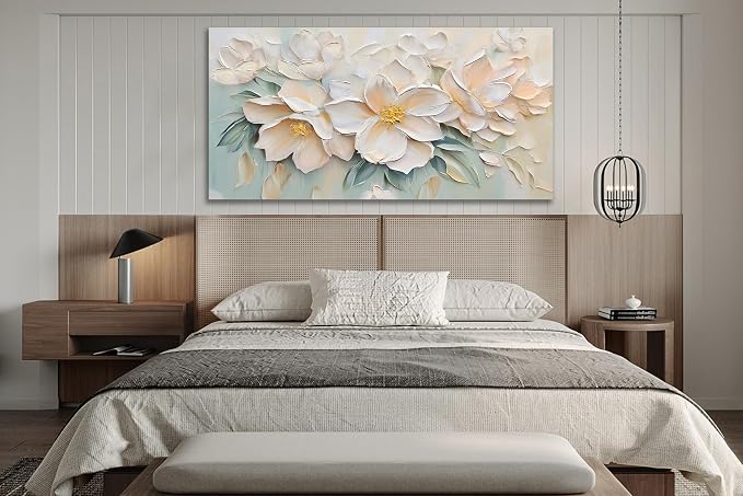 Anolyfi White Textured Flowers Large Canvas Wall Art - Image 3