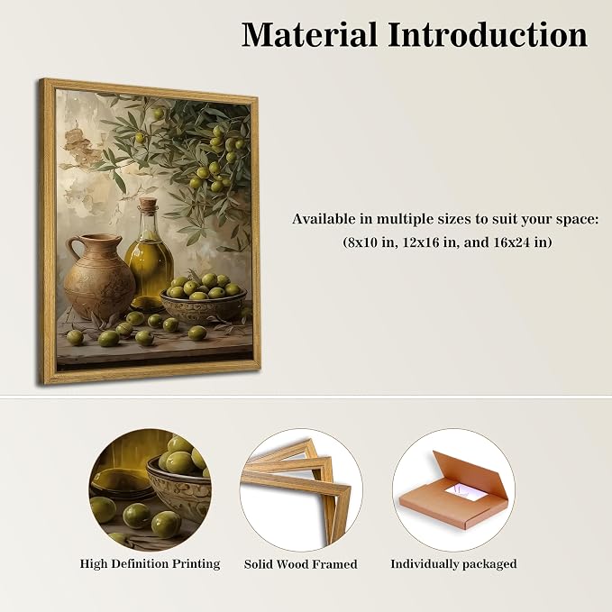 Wood Framed Olive Kitchen Wall Art, Vintage Rustic Still Life Canvas Print - Image 3