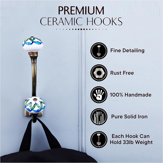 Indian Shelf Pack of 6 Heavy Duty Double Prong Multicolor Decorative Coat Hooks - Image 3