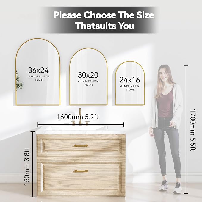 SCWF-GZ 24x36 Arch Mirror Rectangle Full Length Wall Mounted Hanging or Against - Image 5