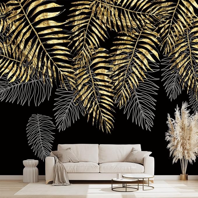 Black and Gold Leaf Mural Bedroom Tropical Botanical Wallpaper Room Plant Decor by WXHFM