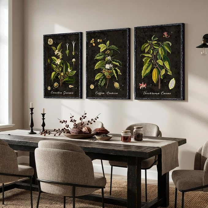 Large Vintage Framed Botanical Wall Art, 3 Piece Dark Green Plant Canvas Prints - Image 2