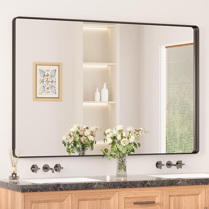 Keonjinn Black Bathroom Mirror 55 x 36 Inch Large Rounded Rectangle Mirror by Keonjinn