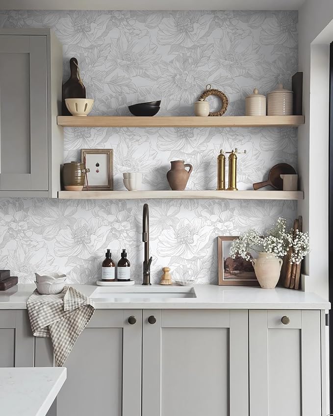 Ismoon Large Floral Peel and Stick Wallpaper Boho White/Grey Contact Paper - Image 6