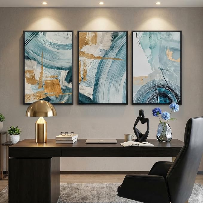 Large Framed Blue and Gold Abstract Wall Art - Image 4