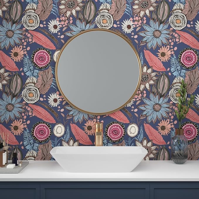 Boho Wallpaper Peel and Stick, Vintage Blue Pink Floral Contact Paper, Retro - Image 4