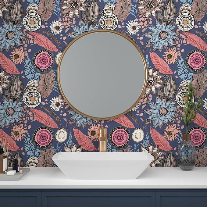 Blue Pink Wallpaper Peel and Stick, Vintage Boho Floral Contact Paper 17.5" x - Image 4