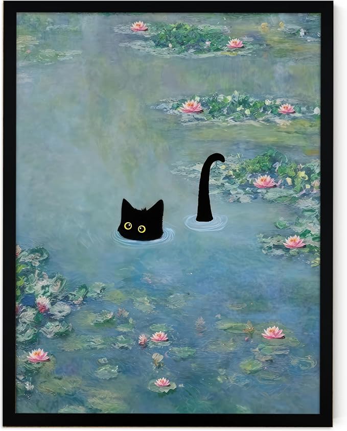 Fantasy Artists Monet Water Lilies Cat Wall Art, Framed Vintage Canvas Art Wall by Unknown