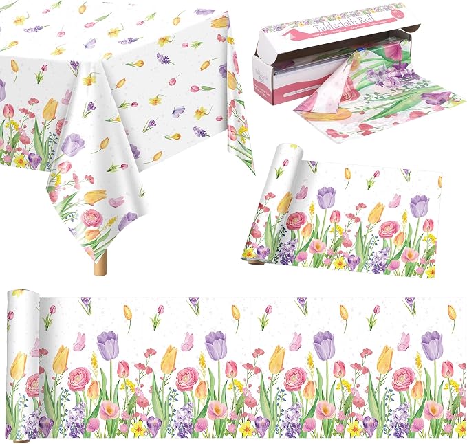 Kochorie 100 Ft x 54 Inch Spring Flower Tulip Tablecloth Roll Plastic Floral by Kochorie