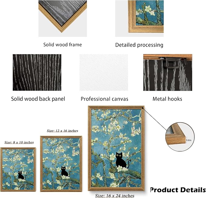 Fantasy Artists Van Gogh's Almond Blossom Funny Black Cat Canvas Wall Art - Image 7