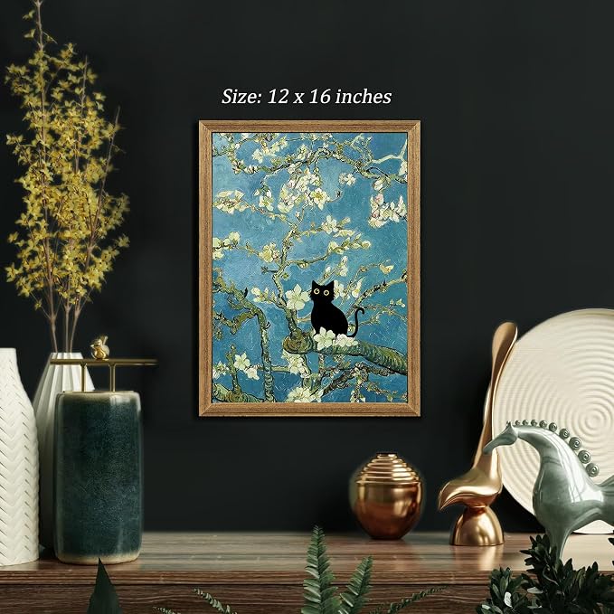 Fantasy Artists Van Gogh's Almond Blossom Funny Black Cat Canvas Wall Art - Image 3