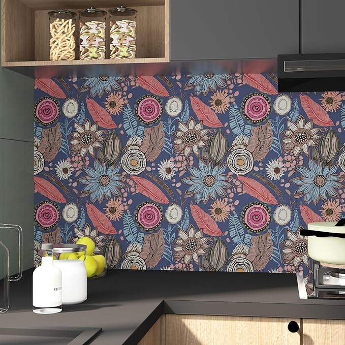 Boho Wallpaper Peel and Stick, Vintage Blue Pink Floral Contact Paper, Retro - Image 5