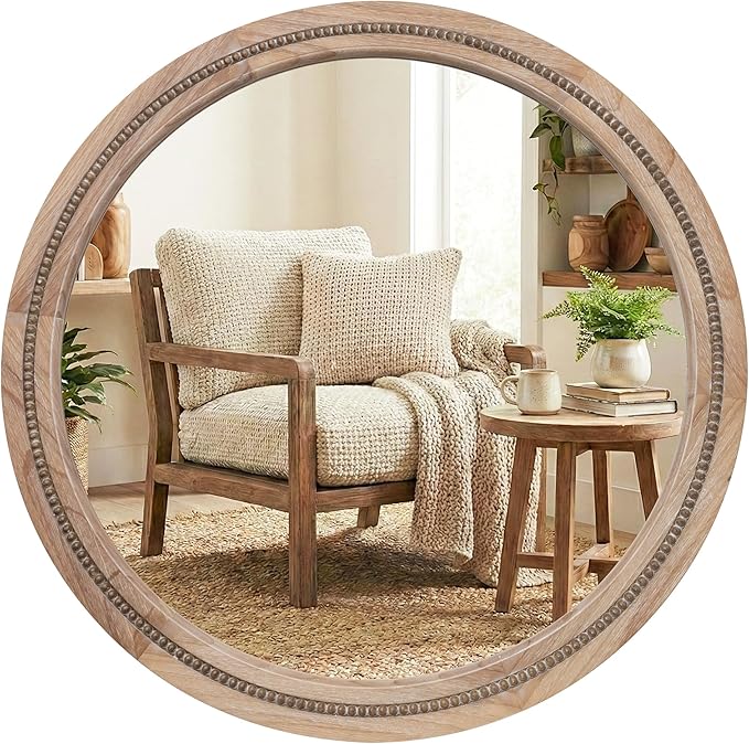 30" Round Solid Wood Mirror for Bathroom Vanity, Handcrafted Beaded Circle Wall by Pocetry