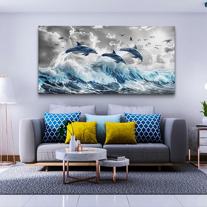 Wapluam Large Wall Art For Bedroom Blue Waves Of The Sea Wall Pictures Artwork - Image 3