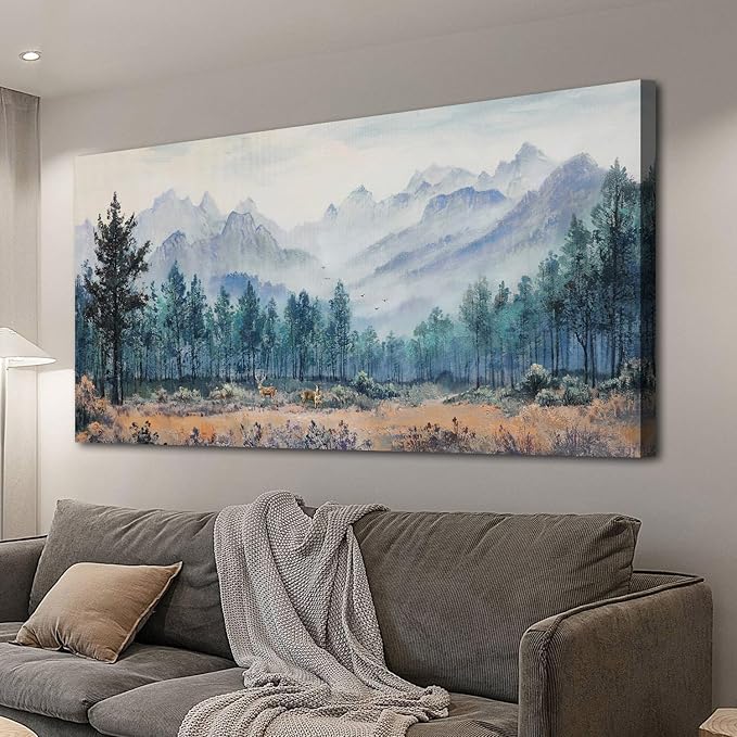 Anolyfi Foggy Forest Mountain Canvas Wall Art, Nature Tree Landscape Painting by Anolyfi
