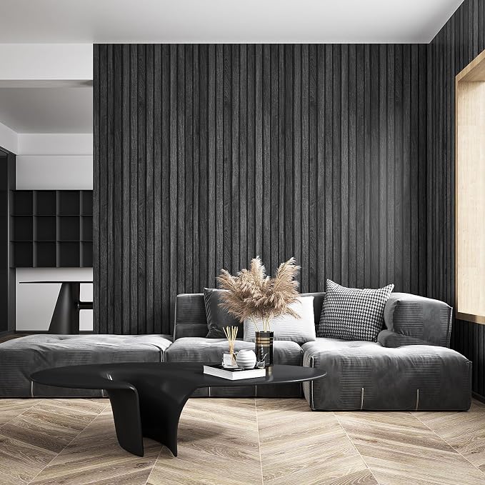 VEELIKE Charcoal Black Wood Slat Peel and Stick Wallpaper 24''x118'' Modern - Image 3