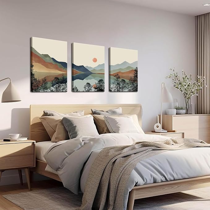 AKWISH Framed Mountain Canvas Wall Art Set of 3, Boho Watercolor Poster Prints - Image 4