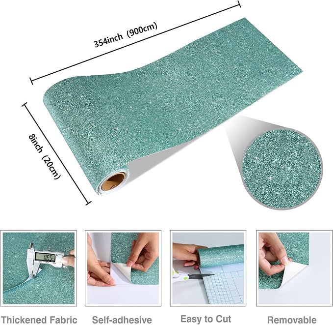 CRE8TIVE 8"x354" Light Teal Glitter Wallpaper Border Peel and Stick Wall Border - Image 9