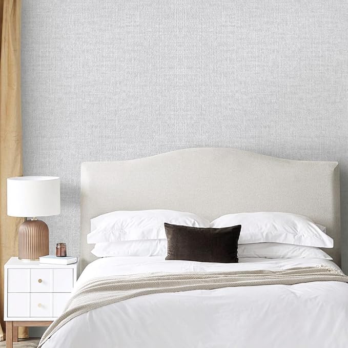 Grasscloth Peel and Stick Wallpaper, Light Grey Vintage Textured Faux Linen - Image 2