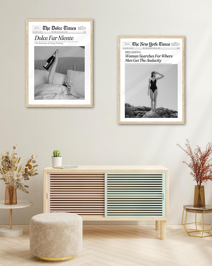 iHery Small Dolce Far Niente Framed Trendy NewsPaper Wall Art, Natural OAK Wood - Image 7
