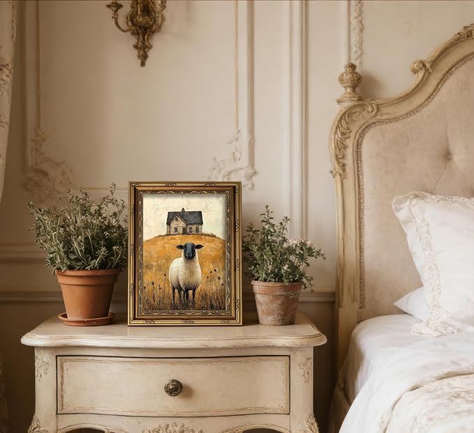 Vintage Gold Framed Wall Art Retro Country Sheep Oil Painting Canvas Prints - Image 7