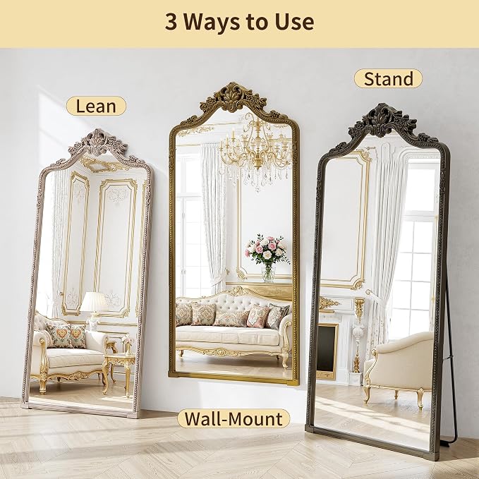 Wall Mount Arched Full Length Mirror, Baroque Antique Vintage Long Mirrors - Image 3