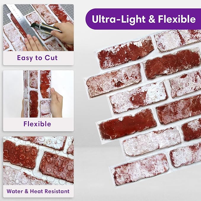 3D Peel and Stick Faux Brick Wall Panels 11.8" x 11.8" 10-Pack Red, Small - Image 5