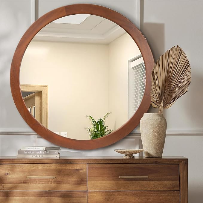 CULER Round Mirror 36 Inch, Wood Rustic Bathroom Tempered Wall Mirror - Image 4